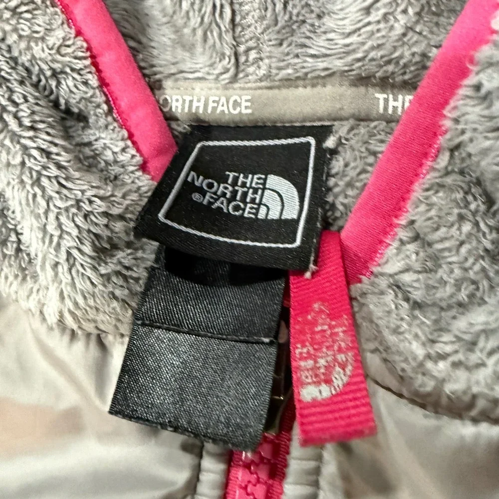 North Face Girls Size L 14/16 Grey Pink Hooded High Pile Fleece Jacket Full Zip